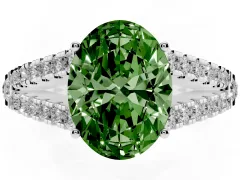 Fancy Green Oval Cut Diamond Split Shank Pavé Engagement Ring Set in Platinum with Prong-Held Center Stone