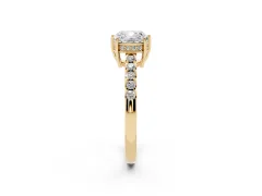 Cushion Cut Diamond Solitaire Engagement Ring Set in Yellow gold with Pavé Band and Prong Setting