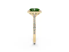Fancy Green Radiant Cut Diamond Halo Engagement Ring Set in Yellow gold with Round Pavé Shoulders and Heart Gallery