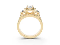 Oval Cut Diamond Halo Split Shank Ring Set in Yellow gold with Round Accent Stones and Prong Setting