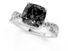 Fancy Black Cushion Cut Diamond Twist Pavé Solitaire Engagement Ring Set in Silver with Prong Setting