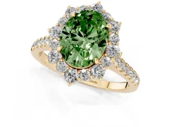 Fancy Green Oval Cut Diamond Halo Ring Set in Yellow gold with Pavé Band and Prong Setting