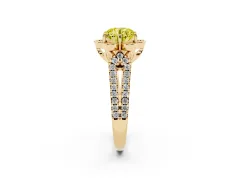 Fancy Yellow Round Cut Diamond Floral Halo Split Shank Engagement Ring Set in Yellow gold with Pavé Shank