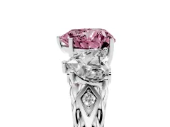 Fancy Pink Heart Cut Diamond Three-Stone Ring Set in White gold with Braided Band