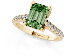 Fancy Green Emerald Cut Diamond Solitaire Ring Set in Yellow gold with Brilliant Pavé Band and Prong Setting