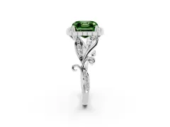 Fancy Green Asscher Cut Diamond Halo Ring Set in Platinum with Leaf Motif Split Shank and Prong Setting