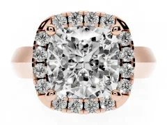 Cushion Cut Diamond Halo Solitaire Engagement Ring Set in Rose gold with Square Band and Prong Setting