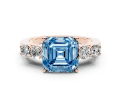 Fancy Blue Asscher Cut Diamond Five-Stone Prong Set Band Ring Set in Rose gold with Polished Band