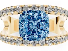 Fancy Blue Cushion Cut Diamond Split Shank Pavé Solitaire Ring Set in Yellow gold with Open Shank Design