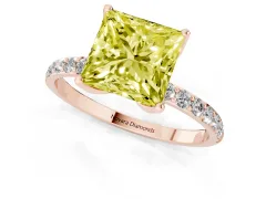 Fancy Yellow Princess Cut Diamond Solitaire Engagement Ring Set in Rose gold with Round Pavé Band and Prong Setting