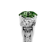 Fancy Green Round Cut Diamond Three-Stone Engagement Ring Set in Platinum with Milgrain Pavé Band