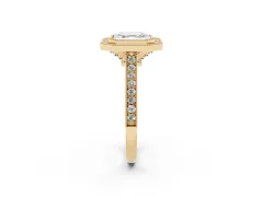 Asscher Cut Diamond Halo Milgrain Pavé Band Ring Set in Yellow gold with Prong Setting