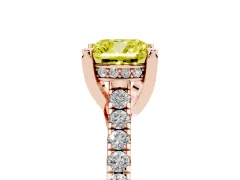 Fancy Yellow Cushion Cut Diamond Solitaire Ring Set in Rose gold with Brilliant Pavé Band and Prong Setting