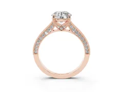 Round Cut Diamond Solitaire Ring Set in Rose gold with Milgrain-Edged Pavé Band and Prong Setting