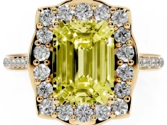 Fancy Yellow Emerald Cut Diamond Halo Ring Set in Yellow gold with Pavé-Lined Shoulders and Prong Setting