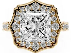 Princess Cut Diamond Halo Engagement Ring Set in Yellow gold with Milgrain Band and Prong Setting