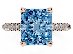 Fancy Blue Radiant Cut Diamond Solitaire Ring Set in Rose gold with Brilliant Pavé Band and Prong Setting
