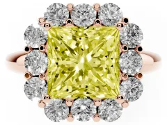 Fancy Yellow Princess Cut Diamond Milgrain Halo Solitaire Ring Set in Rose gold with Bezel Set Side Stones and Pavé Band