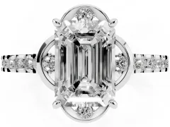 Emerald Cut Diamond Solitaire Ring Set in Platinum with Pavé Band and Floral Prong Setting
