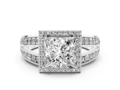 Princess Cut Diamond Halo Ring Set in White gold with Double Pavé Split Shank