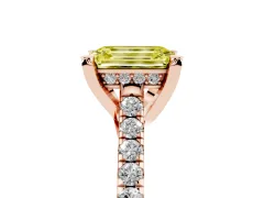Fancy Yellow Emerald Cut Diamond Solitaire Ring Set in Rose gold with Brilliant Pavé Band and Prong Setting