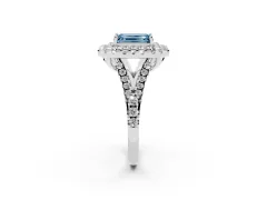 Fancy Blue Emerald Cut Diamond Double Halo Ring Set in White gold with Pavé Split Shank and Prong Setting