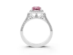 Fancy Pink Radiant Cut Diamond Halo Ring Set in White gold with Pavé-Lined Split Shank Band
