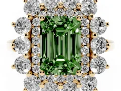 Fancy Green Emerald Cut Diamond Floral Double Halo Ring Set in Yellow gold with Round Petals
