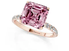 Fancy Pink Asscher Cut Diamond Solitaire Engagement Ring Set in Rose gold with Round Pavé Band and Prong Setting
