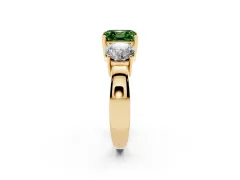 Fancy Green Asscher Cut Diamond Three-Stone Ring Set in Yellow gold with Round Side Stones and Classic Band