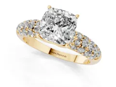 Cushion Cut Diamond Pavé Band Solitaire Ring Set in Yellow gold with Close-Set Accent Stones and Prong Setting