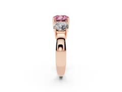Fancy Pink Cushion Cut Diamond Three-Stone Ring Set in Rose gold with Round Side Stones and Classic Band