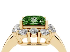 Fancy Green Princess Cut Diamond Milgrain Halo Solitaire Ring Set in Yellow gold with Bezel Set Side Stones and Pavé Band