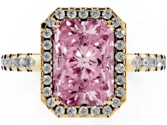 Fancy Pink Radiant Cut Diamond Halo Ring Set in Yellow gold with Pavé Shoulders and Halo-Framed Center