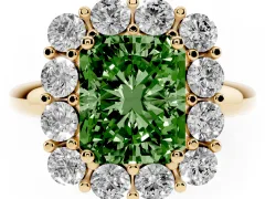 Fancy Green Radiant Cut Diamond Halo Cluster Engagement Ring Set in Yellow gold with Polished Band and Prong Setting
