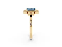 Fancy Blue Emerald Cut Diamond Cluster Halo Ring Set in Yellow gold with Milgrain Bezel Accents and Plain Band