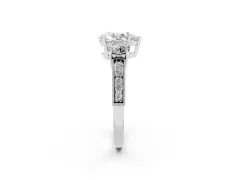 Pear Cut Diamond Three-Stone Ring Set in Platinum with Round Side Stones and Pavé Band