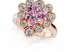 Fancy Pink Heart Cut Diamond Cluster Halo Ring Set in Rose gold with Milgrain Bezel Accents and Plain Band