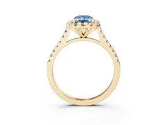 Fancy Blue Emerald Cut Diamond Cushion Halo Ring Set in Yellow gold with Pavé Band