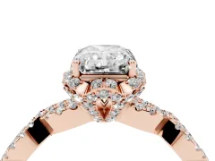 Radiant Cut Diamond Halo Twist Band Solitaire Ring Set in Rose gold with Prong-Set Center Stone