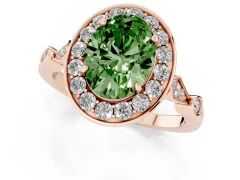 Fancy Green Oval Cut Diamond Halo Engagement Ring Set in Rose gold with Twisted Band and Prong Setting