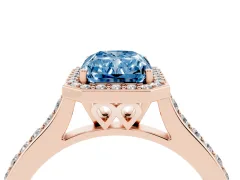 Fancy Blue Radiant Cut Diamond Halo Engagement Ring Set in Rose gold with Round Pavé Shoulders and Heart Gallery