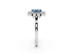 Fancy Blue Emerald Cut Diamond Cluster Halo Ring Set in Silver with Milgrain Bezel Accents and Plain Band