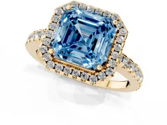 Fancy Blue Asscher Cut Diamond Halo Ring Set in Yellow gold with Pavé Shoulders and Halo-Framed Center