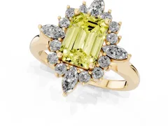 Fancy Yellow Emerald Cut Diamond Cluster Halo Ring Set in Yellow gold with Marquise and Round Accents