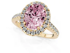 Fancy Pink Oval Cut Diamond Halo Pavé Engagement Ring Set in Yellow gold with Prong Setting