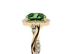 Fancy Green Cushion Cut Diamond Halo Twist Band Solitaire Ring Set in Yellow gold with Prong Setting