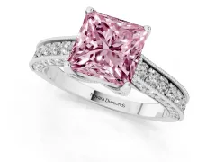 Fancy Pink Princess Cut Diamond Solitaire Ring Set in White gold with Milgrain-Edged Pavé Band and Prong Setting
