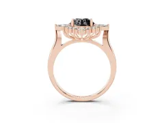 Fancy Black Round Cut Diamond Cluster Halo Ring Set in Rose gold with Marquise and Round Accents