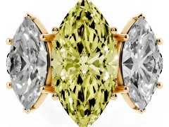 Fancy Yellow Marquise Cut Diamond Three-Stone Ring Set in Yellow gold with Pavé Band